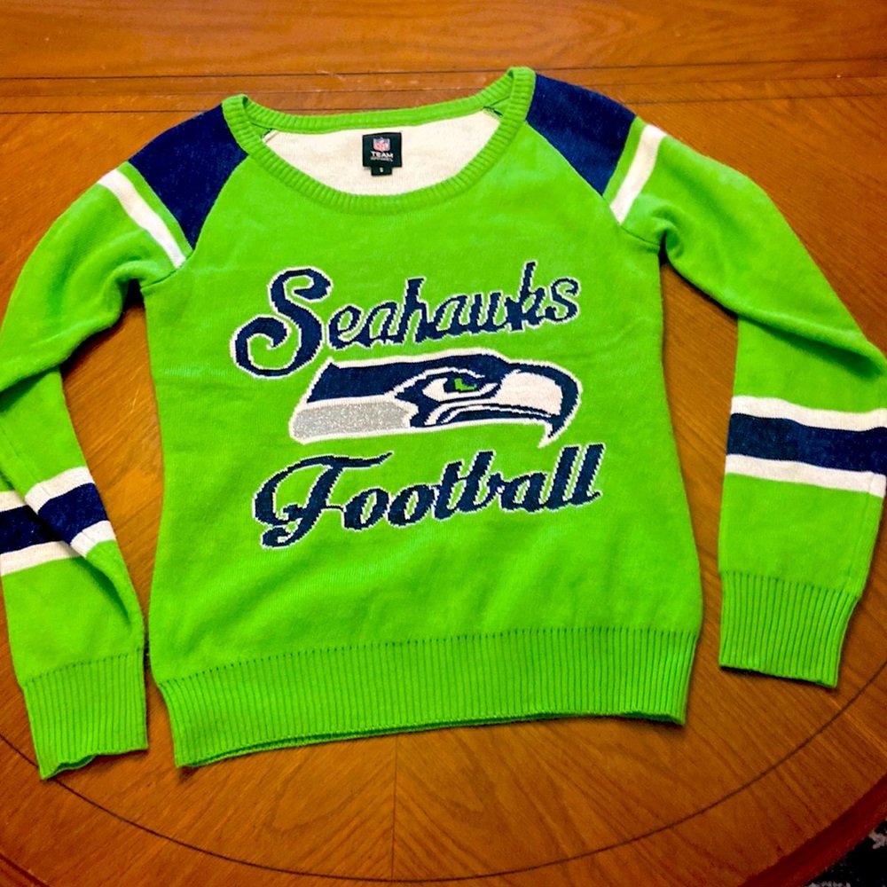 Seahawks lime green &sparkle glitter blue sweater size small